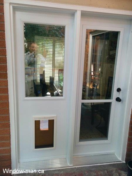 Exterior French doors. Insulated patio doors. Inswing full glass with Vented Window. White. Pets door. Dogs door. Cats door. Center-Hinged Patio door. Only one door can be opened